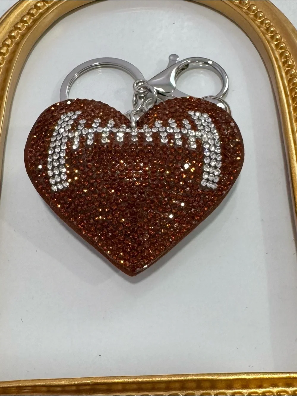 New Brown Football Crystal Heart Keychain